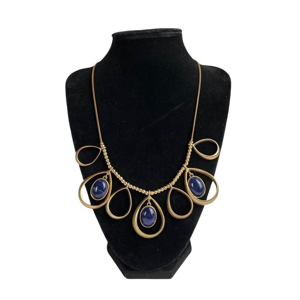 Bold Gold Tone and Blue Pendant Statement Necklace Womens Costume Jewelry